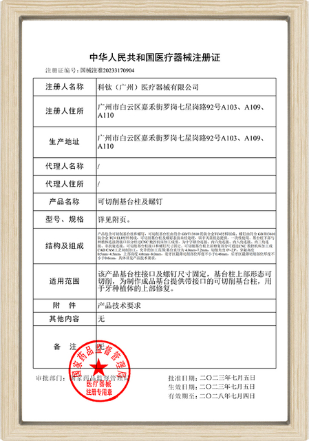 medical device registration certificate for dental implant components